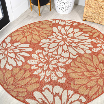 Zinnia Modern Floral Textured Weave Indoor/outdoor Round Rug